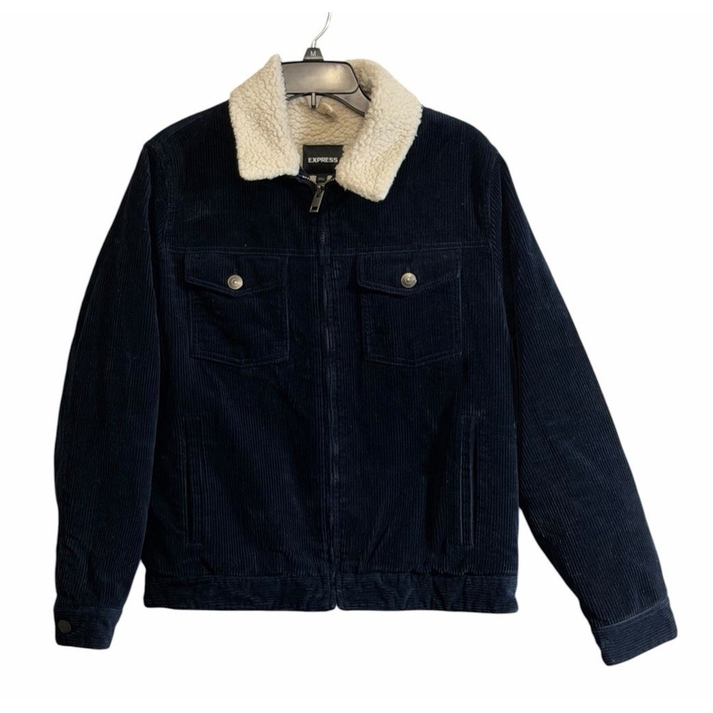 Express Mens Corduroy Sherpa Bomber Jacket Blue Size Medium